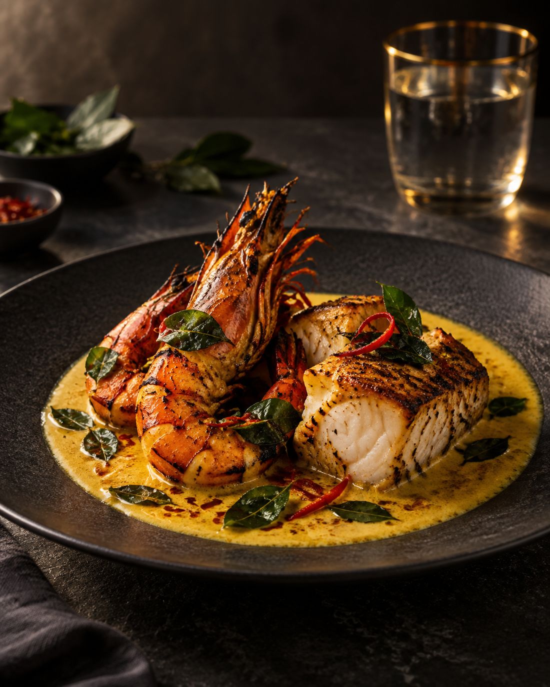 Chargrilled prawns and monkfish in coconut sauce