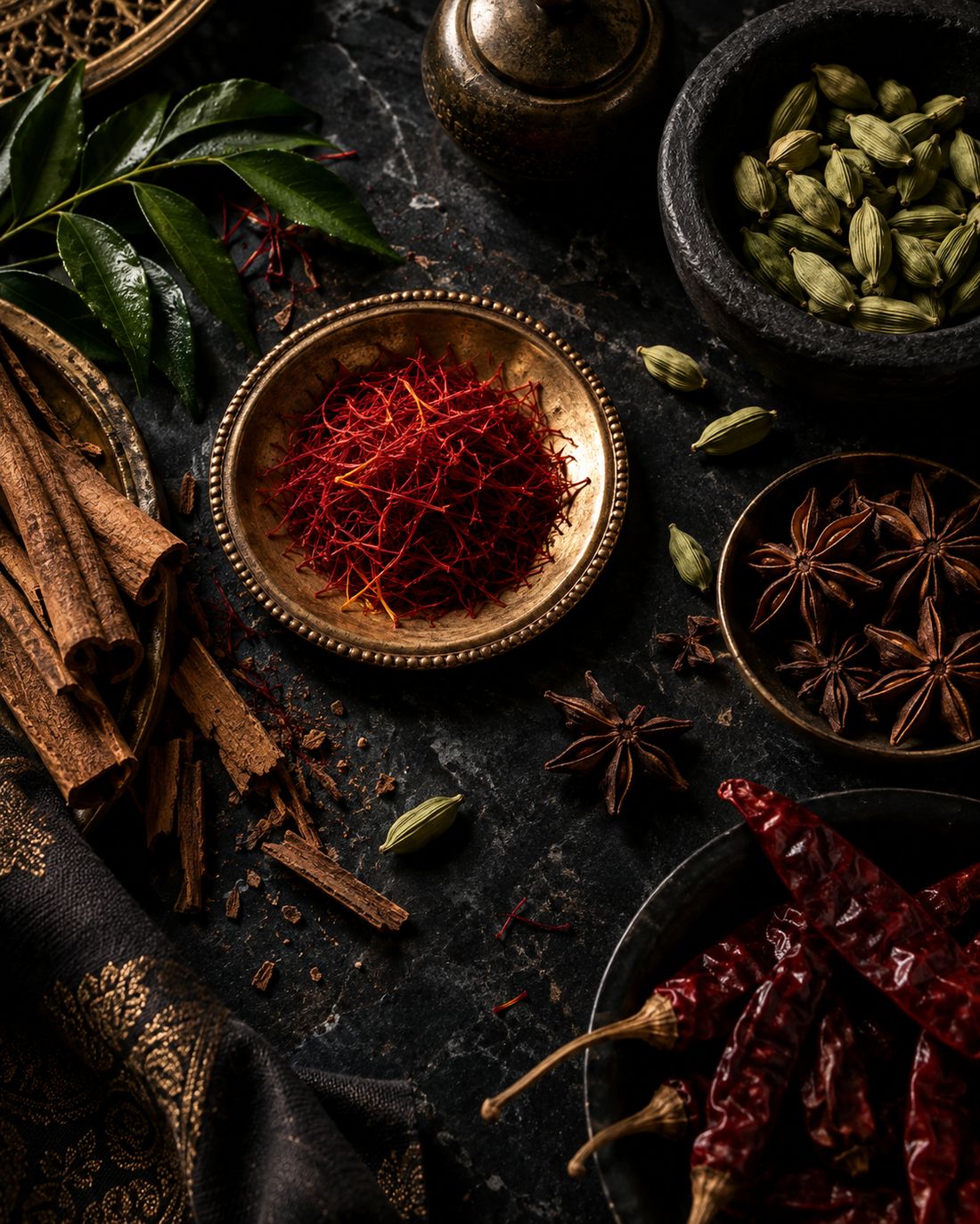 Saffron, cardamom, star anise and chillies on dark stone